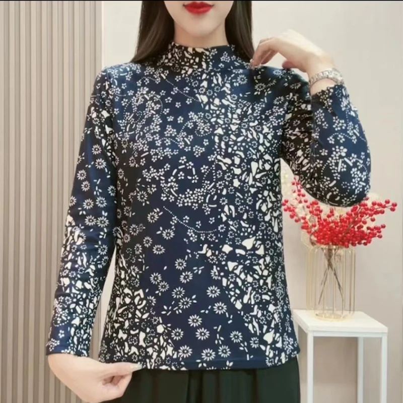 秋季新款时尚洋气半高领印花打底衫百搭遮肉显示长袖上衣