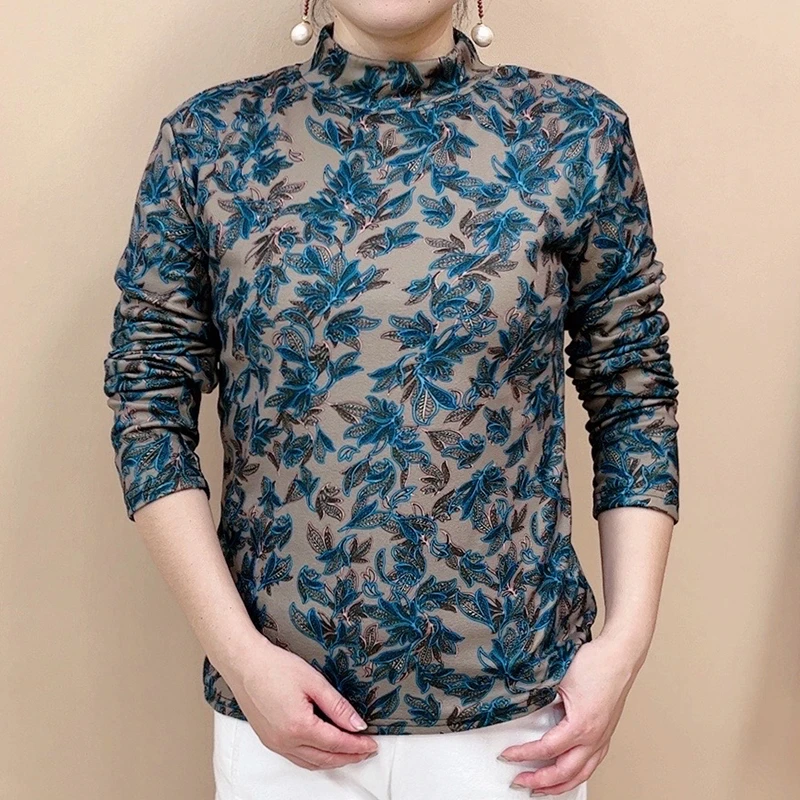 秋冬季新款时尚洋气半高领印花打底衫加绒加厚遮肉显瘦德绒上衣