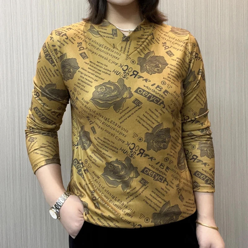 秋冬季新款时尚洋气半高领印花打底衫百搭遮肉保暖德绒长袖上衣