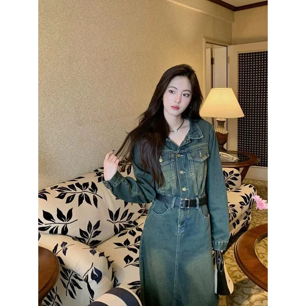 高级港风复古做旧水洗蓝色长袖A字裙牛仔连衣裙长款过膝女秋新款