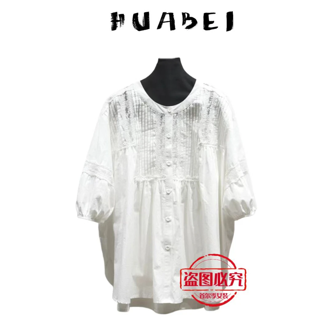 9912韩版春夏季新款百搭短袖女衬衫高级感泡泡袖拼接蕾丝女装上衣