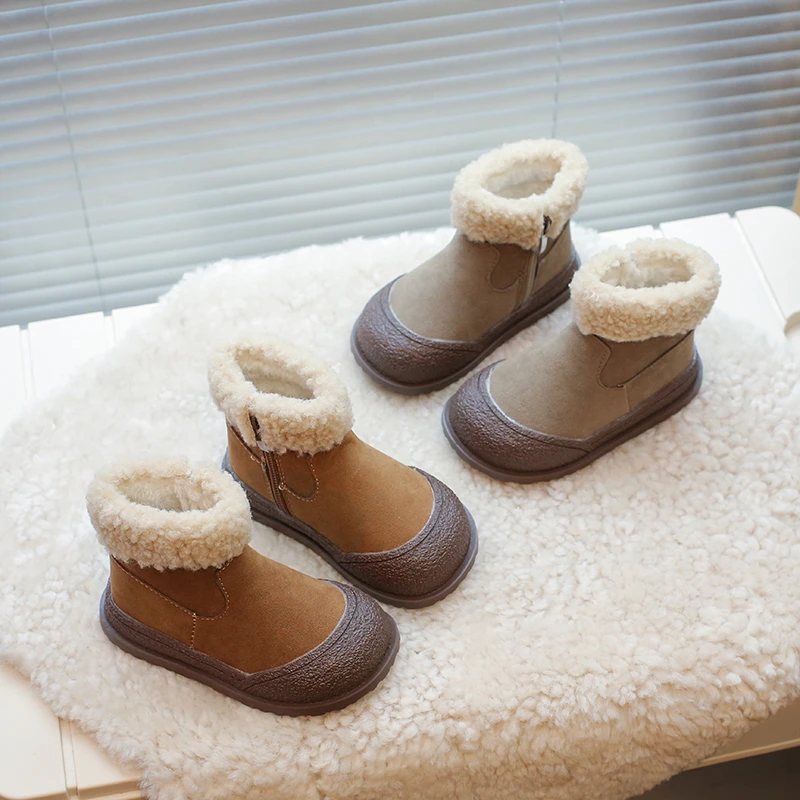 儿童短靴2024冬季新款女童公主短靴男童休闲靴子宝宝加绒加厚毛毛