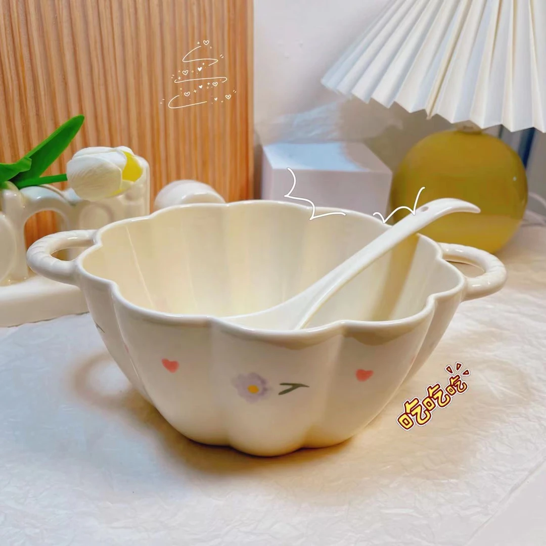 【大汤碗+勺】紫藤花大容量陶瓷汤碗家用装汤碗勺学生可爱餐具组合