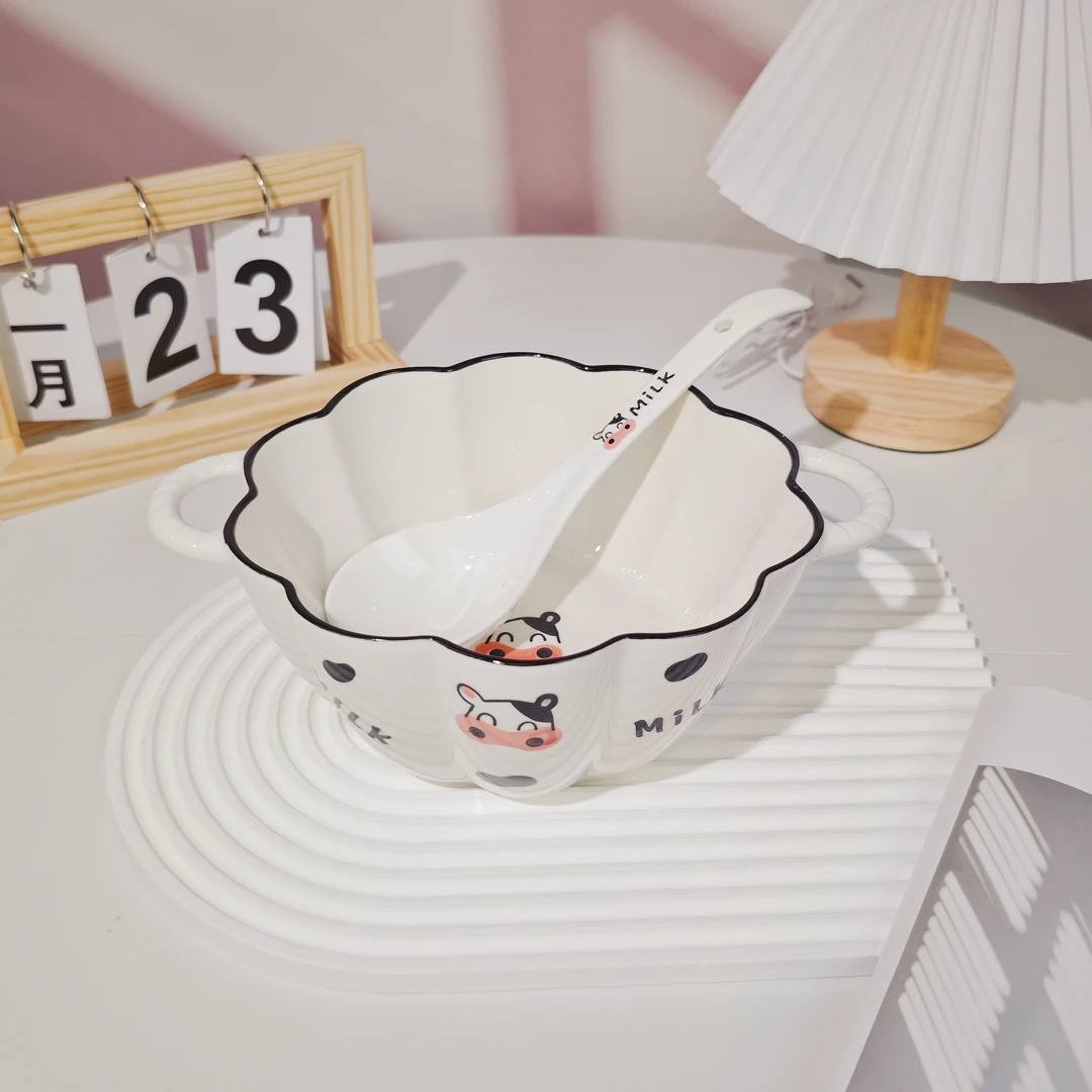【大汤碗单碗】卡通奶牛大容量汤碗陶瓷家用双耳餐具组合