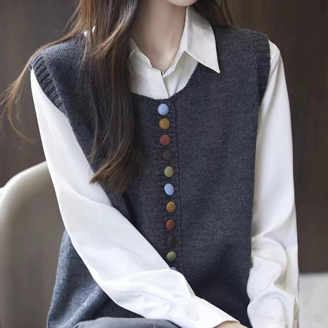 秋冬新款复古彩色排扣洋气宽松假两件针织马甲休闲叠穿百搭上衣
