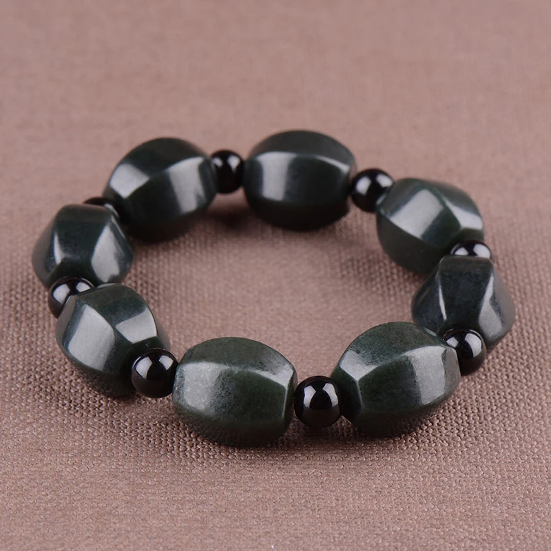 正品真玉新疆和田玉手链圆珠手串男士墨绿色手串和田玉100%真品