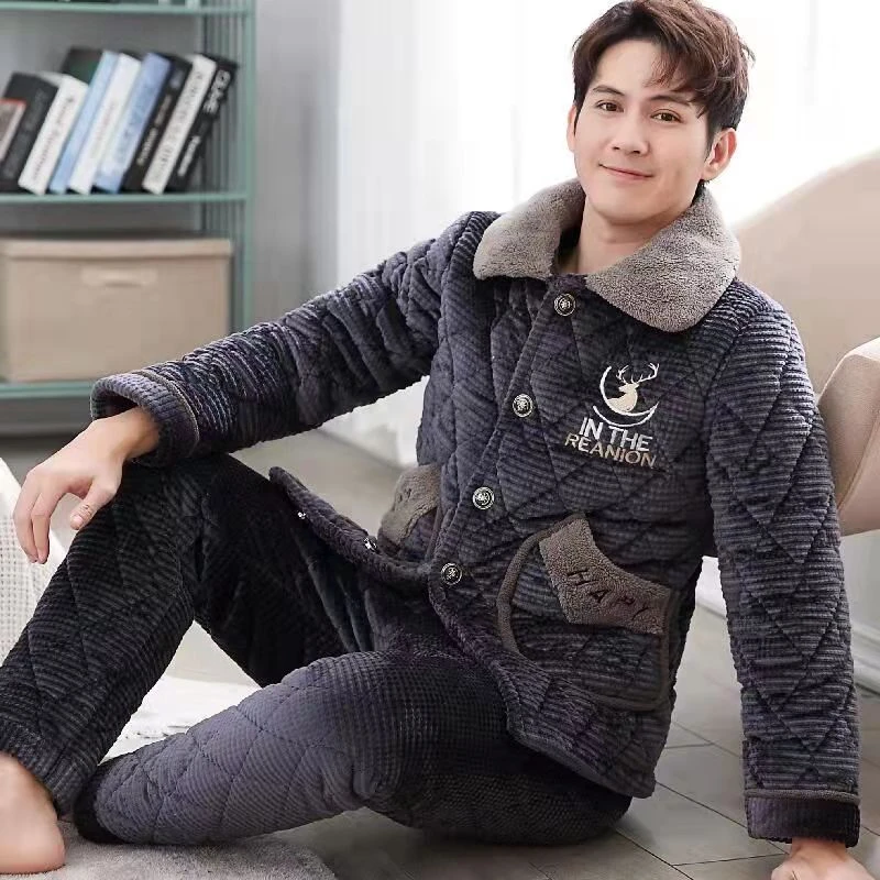 【003#冬季新款特厚睡衣】男士大码加厚加绒夹棉睡衣套装可外穿
