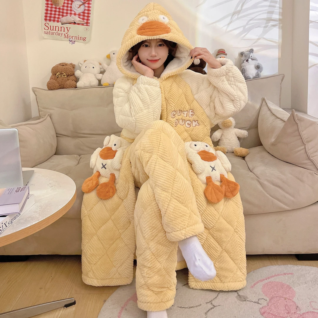 【6811黄色新款袍套睡衣】女士三层加厚加绒夹棉睡衣套装可外穿