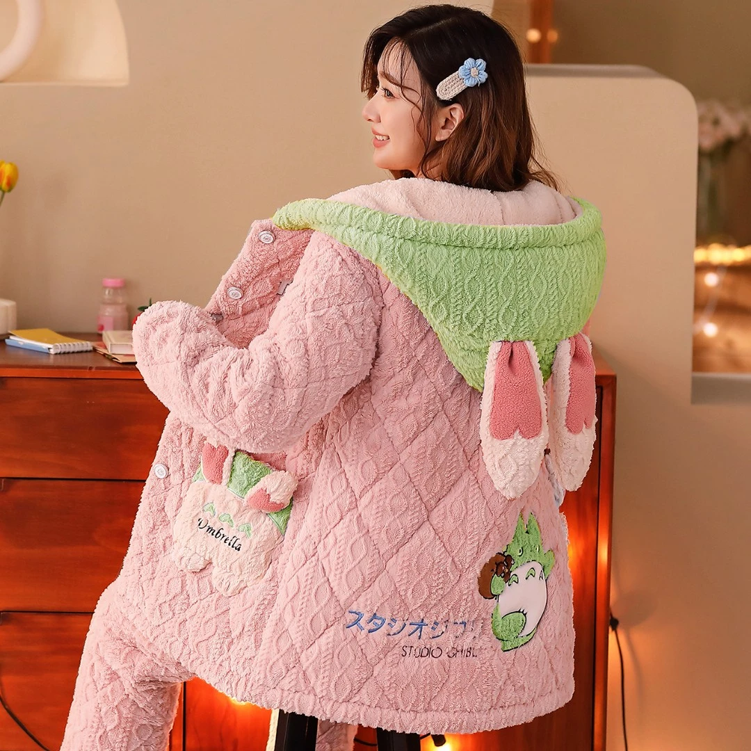 【8891冬季新款加厚睡衣】女士三层加厚加绒夹棉睡衣套装可外穿
