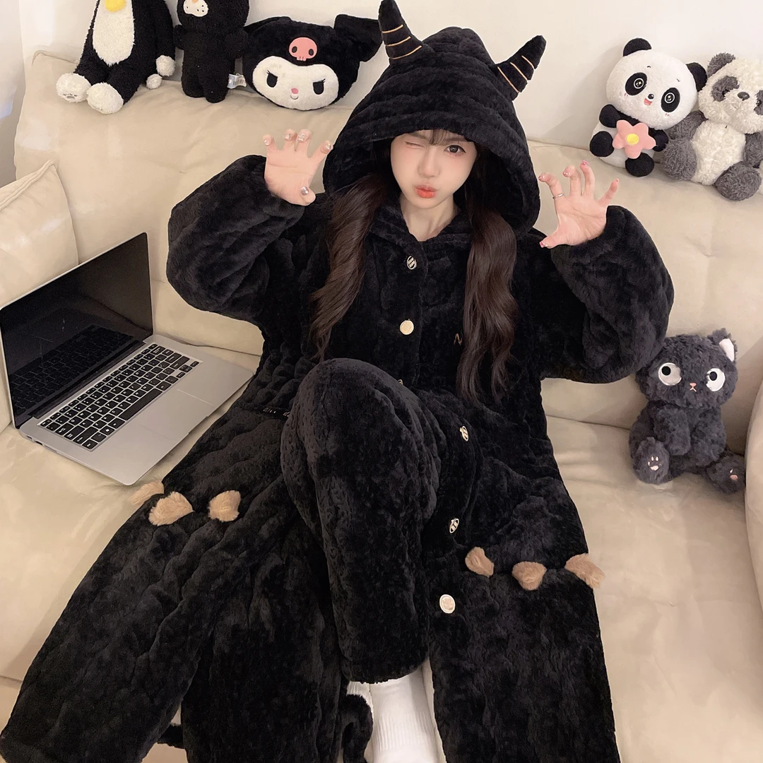 【661黑色冬季新款袍套睡衣】女三层加厚加绒夹棉睡衣套装可外穿