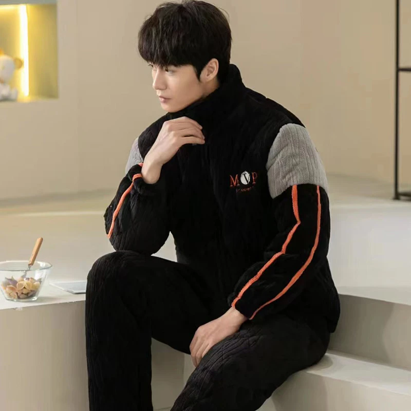 【827冬季加肥加大连帽特厚睡衣】男士冬季加绒夹棉套装可外穿