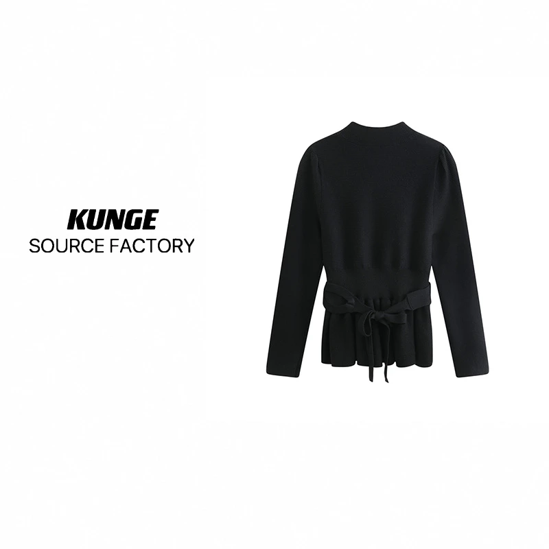 KUNGE-2024新款小香风系带收腰显瘦经典百搭套头圆领上衣-55436
