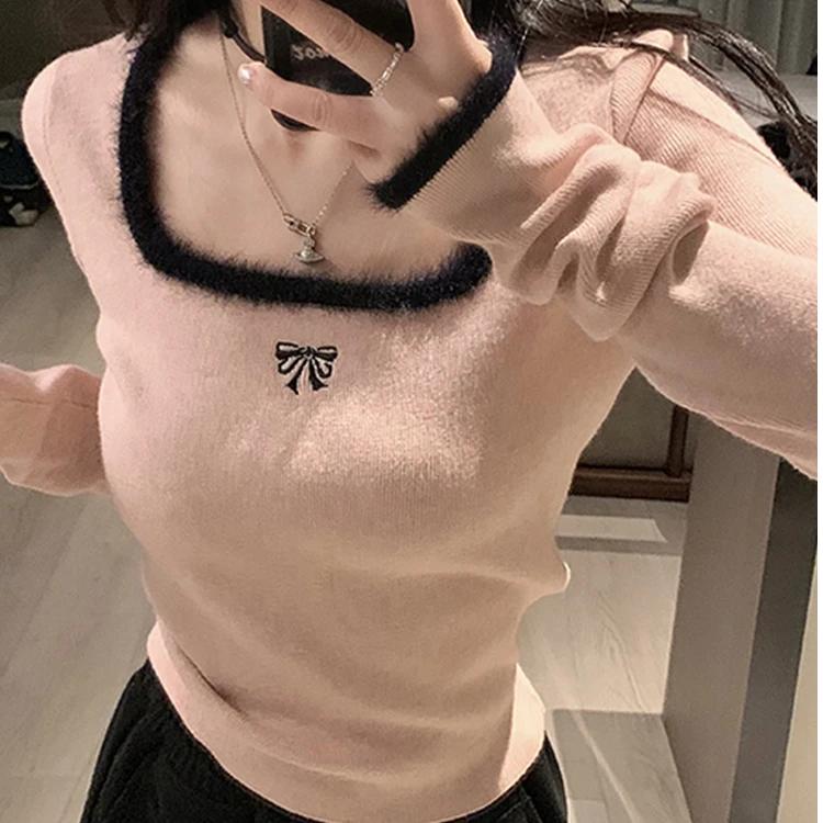 蝴蝶结毛衣女秋冬季内搭打底衫2025新款奶fufu慵懒高级感针织上衣