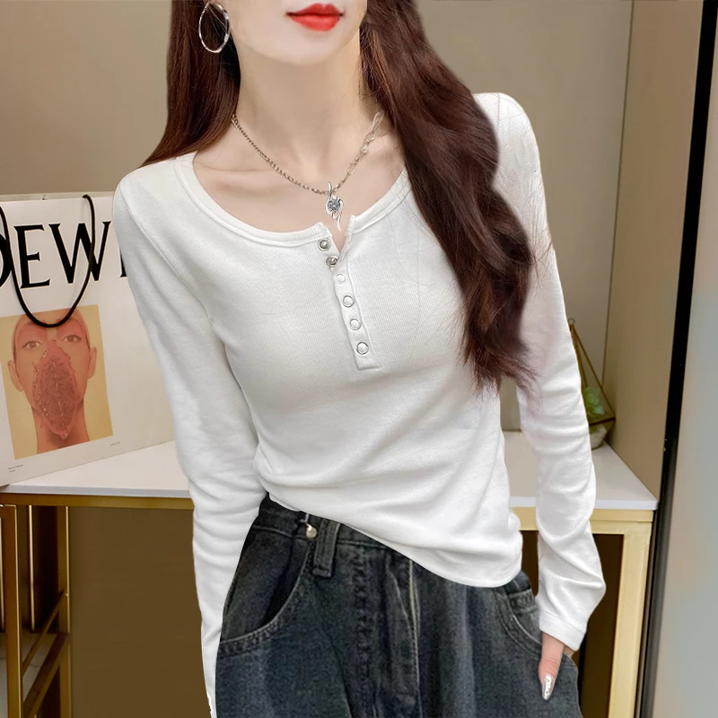 高级感白色长袖螺纹棉T恤女2025春秋新款纯欲修身打底衫内搭上衣