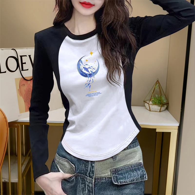 撞色美式复古插肩袖T恤女弧形下摆春秋装百搭外穿长袖内搭打底衫