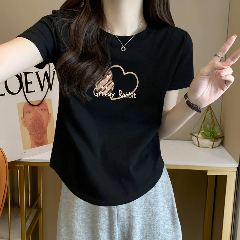 正肩圆领短袖t恤女夏设计感收腰显瘦弧形下摆短款辣妹修身上衣潮