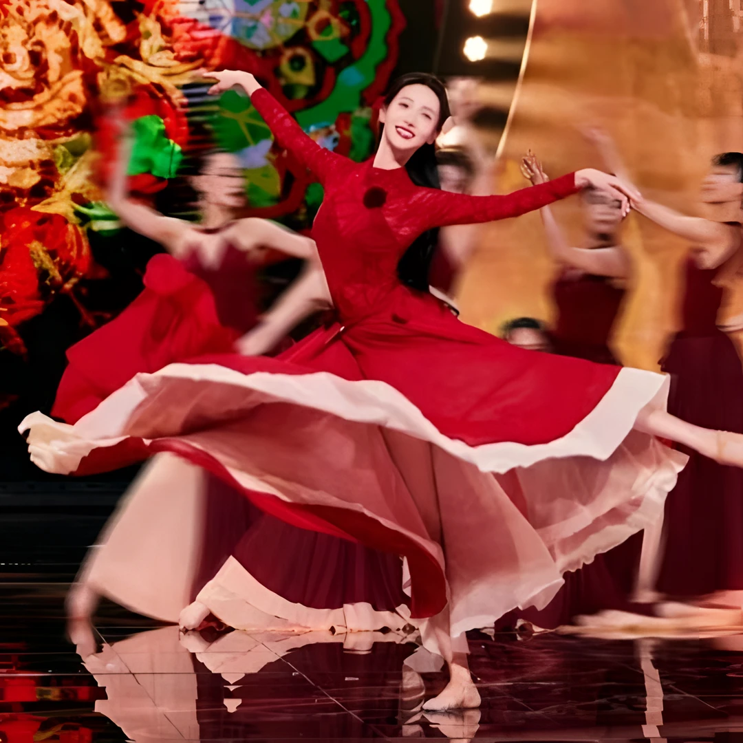 金晨同款2024年会720度民族古典舞大摆裙红色双层艺考演出舞蹈服
