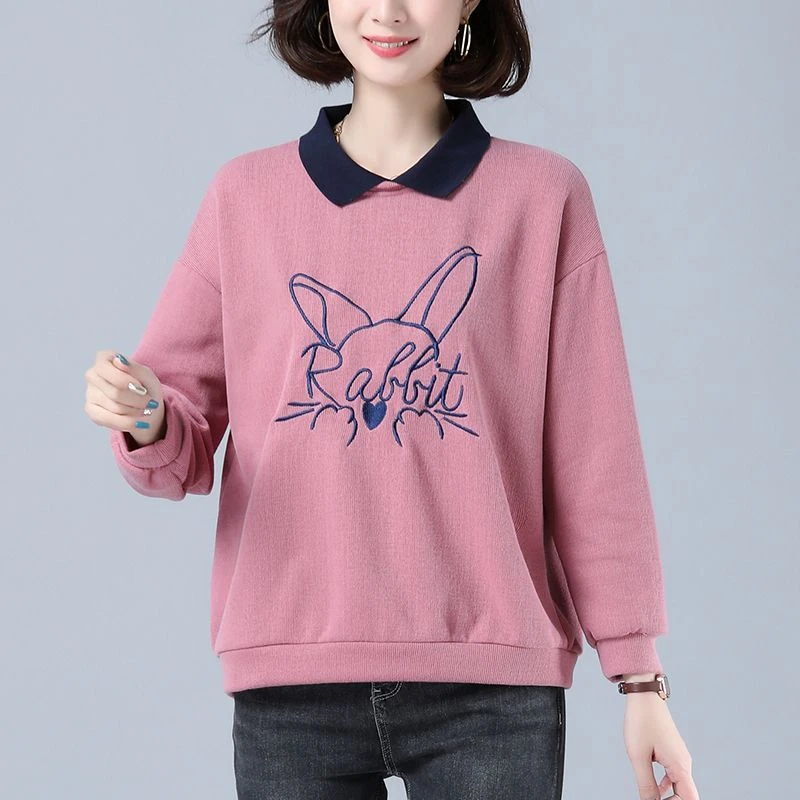 加绒加厚卫衣女2023本命年新款POLO领休闲百搭显瘦长袖刺绣上衣女