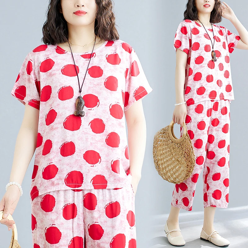 大码宽松可外穿圆领短袖七分裤家居服套装女夏季薄款中老年女装