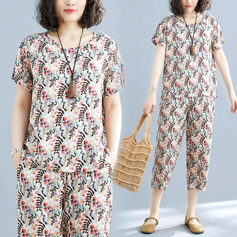 民族风大码棉绸套装女夏季新款文艺宽松显瘦休闲短袖七分裤两件套