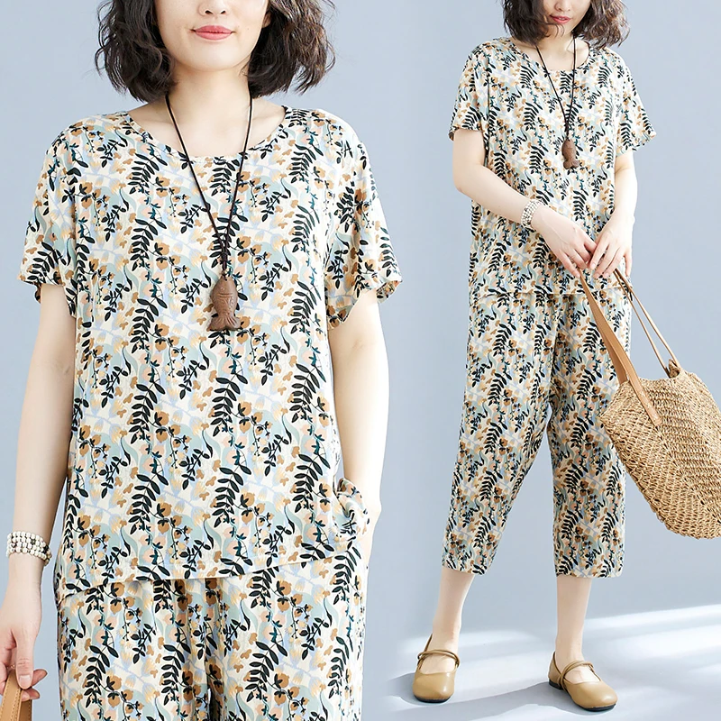 大码棉绸时尚套装女2024夏季新款居家外穿哈伦七分裤休闲两件套女