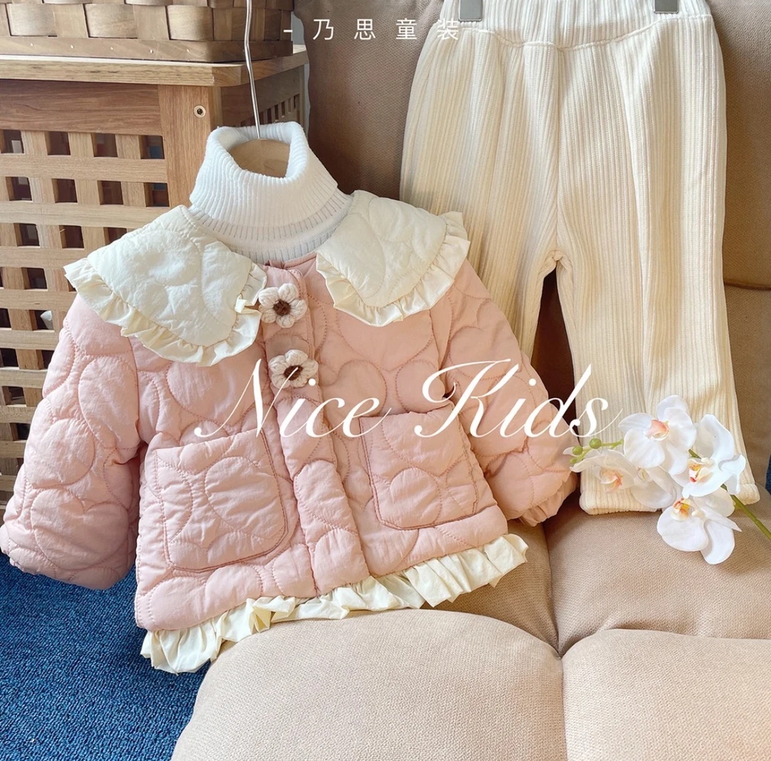【加绒加厚】2024秋冬女童爱心棉服外套洋气儿童夹棉加绒娃娃领棉袄