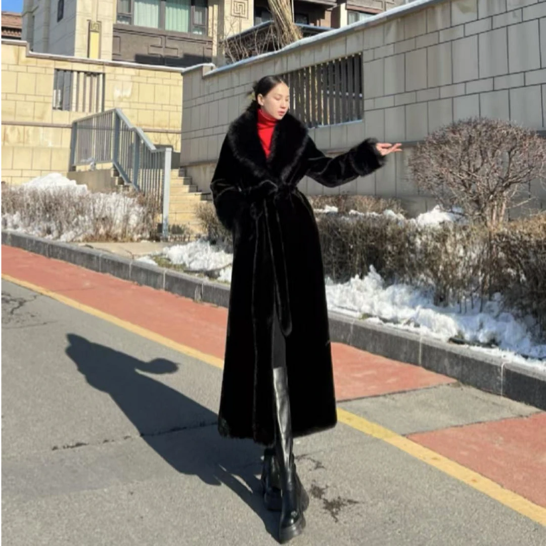 秋冬新款黑色长款修身气质大毛领毛毛外套