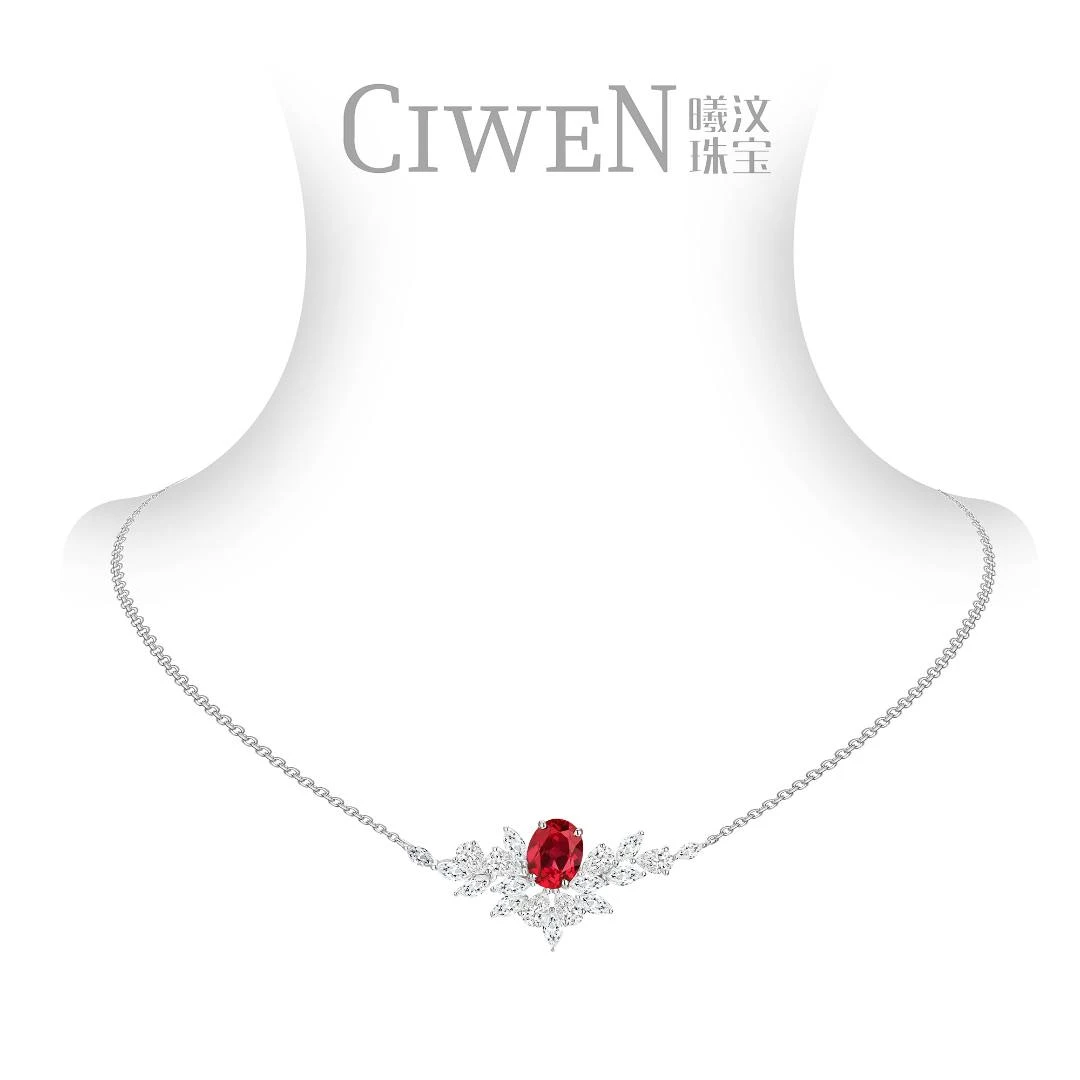 曦与汶 坠链均925银合成锆石  鸽血红色 翅膀 时尚 项链