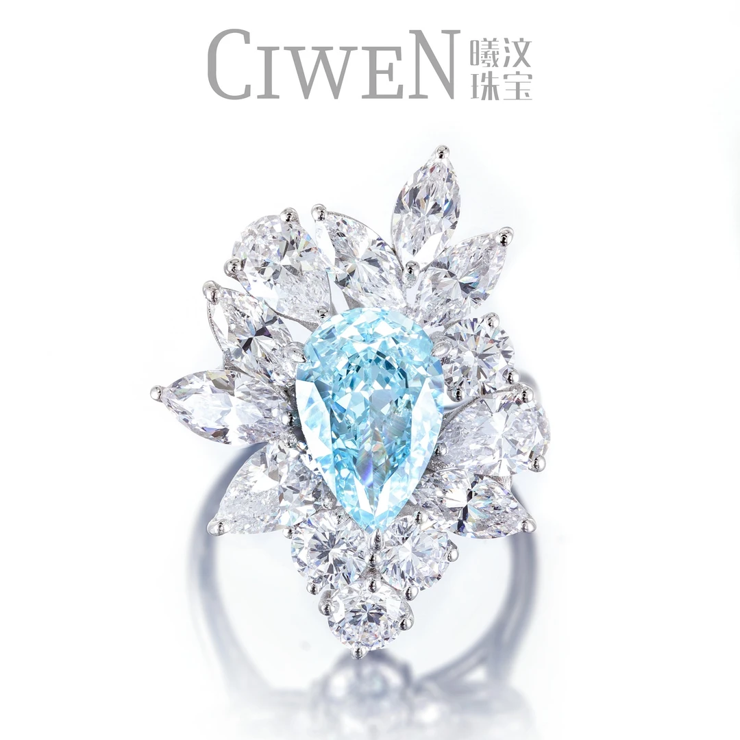 925银合成锆石戒指 CIWEN曦汶 925银3ct 蓝色 戒指经典