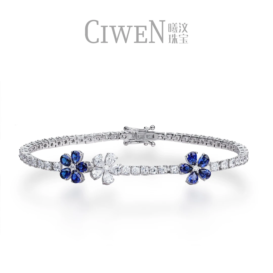 曦与汶 925银合成锆石手链 皇家蓝花瓣手链 时尚气质