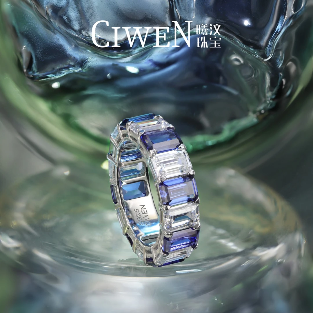 曦与汶 925银合成锆石戒指 CIWEN曦汶 人造钻 皇家蓝 排戒 时尚