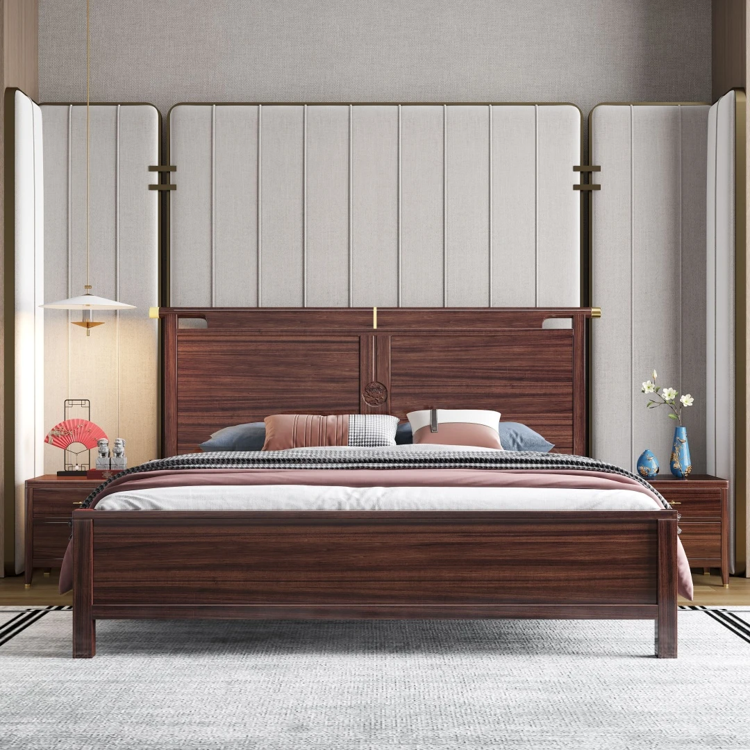 W211#新中式官帽实木床1.8/1.5米大床双人床高端乌金木主卧室婚床