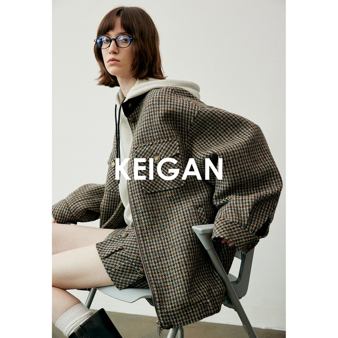 开间黑标/英国HARRIS粗纺羊毛松彩千鸟格人字纹复古M1U风夹克套装