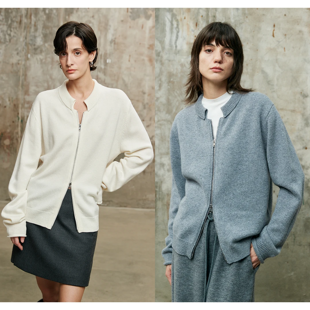 开间/高克重澳洲極细荃羊M复古双层贝壳领双开拉链卷边针织开衫