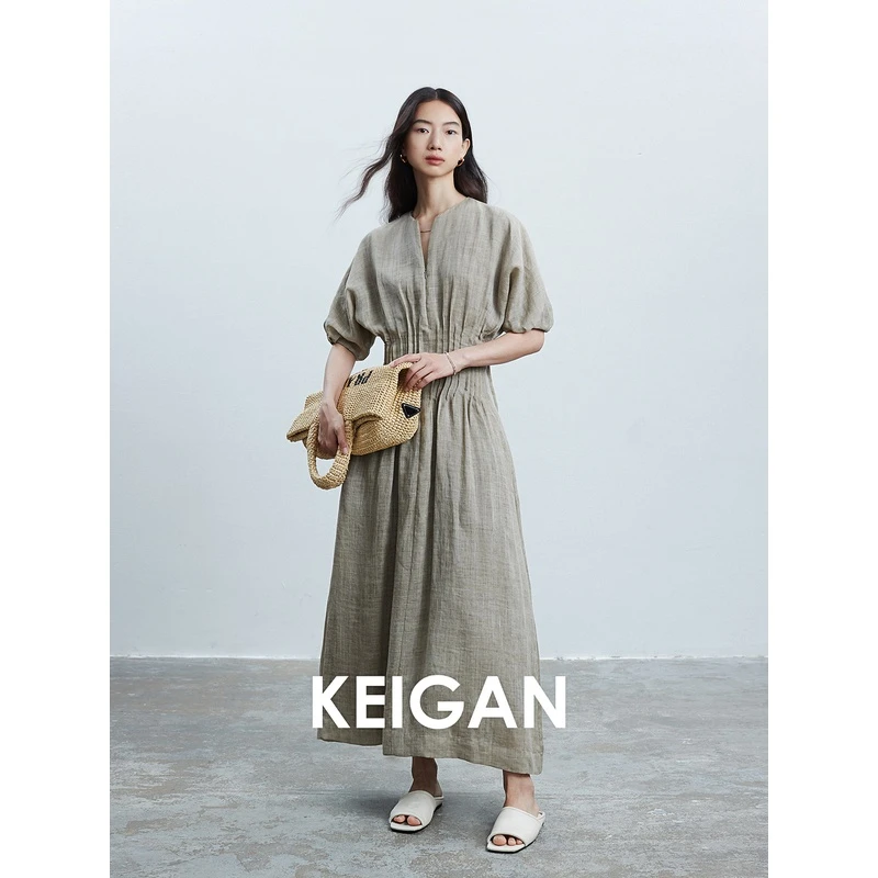 开间/獨家定织轻薄苎麻炒色 轻解构不规则手工捏褶连衣裙衬衫半裙