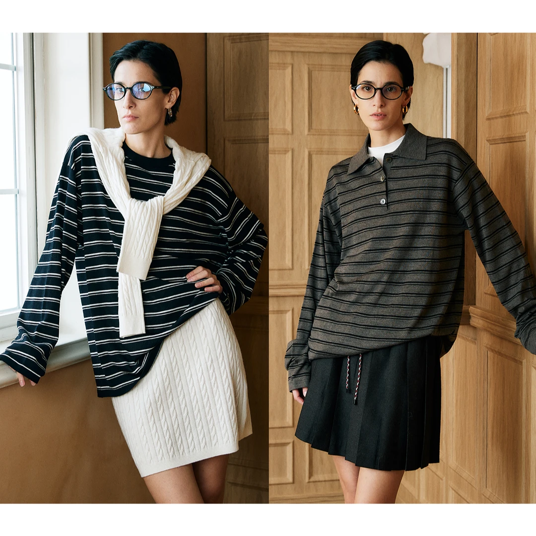 开间/德国BIELLA TEC可水洗1OO%羊M柔糯时髦M1U风条纹针织打底衫