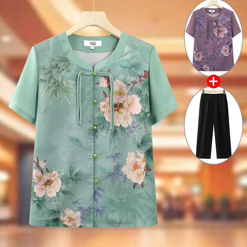 中老年人衬衫女奶奶装夏装短袖老人衣服新中式妈妈印花T恤老太太