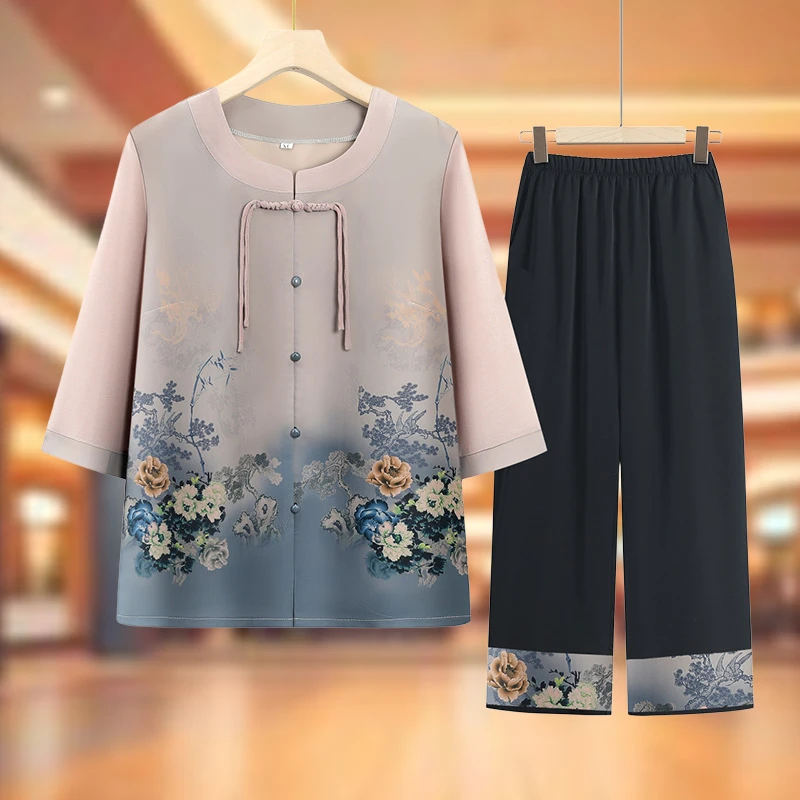 中老年人夏装女套装奶奶中袖衬衫老人开衫衣服妈妈薄款开衫新中式