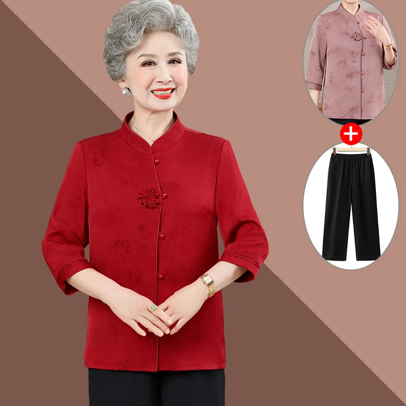 奶奶衬衫新中式妈妈装夏装女衬衣母亲喜庆衣服妈妈中袖唐装显瘦