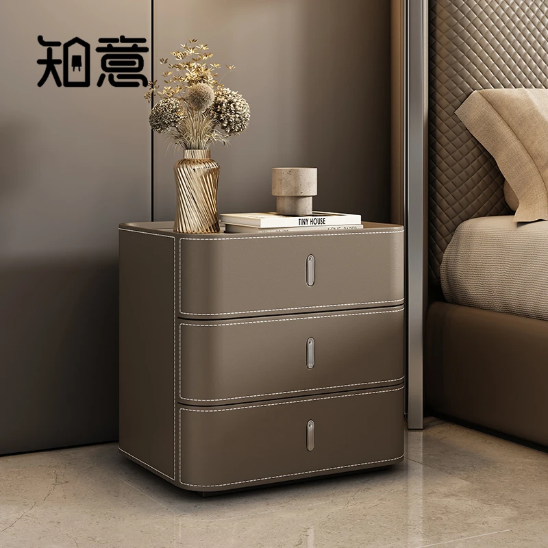 卧室床头柜简约现代 特色三抽斗柜意式极简方形床头收纳柜马鞍皮