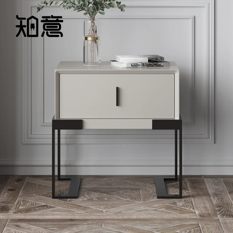 意式极简床头柜灰色烤漆小柜子单抽屉柜现代简约铁艺脚收纳床边柜