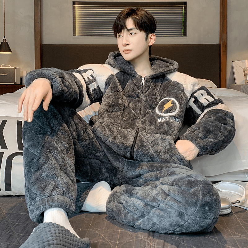 三层夹棉睡衣男秋冬季加厚加绒男士保暖款法兰绒冬天家居服