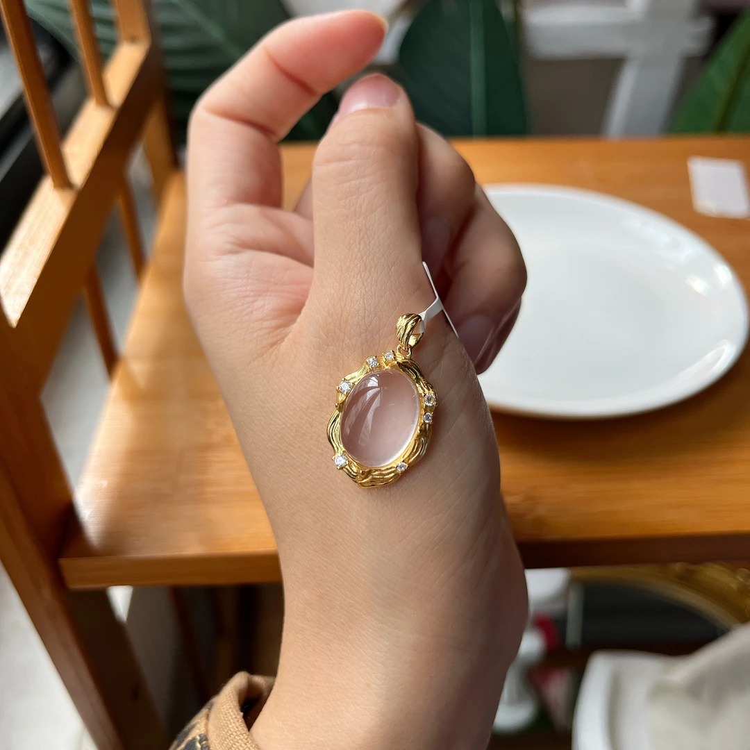 【郭老师】约12*15.5mm粉晶蛋面吊坠S925银