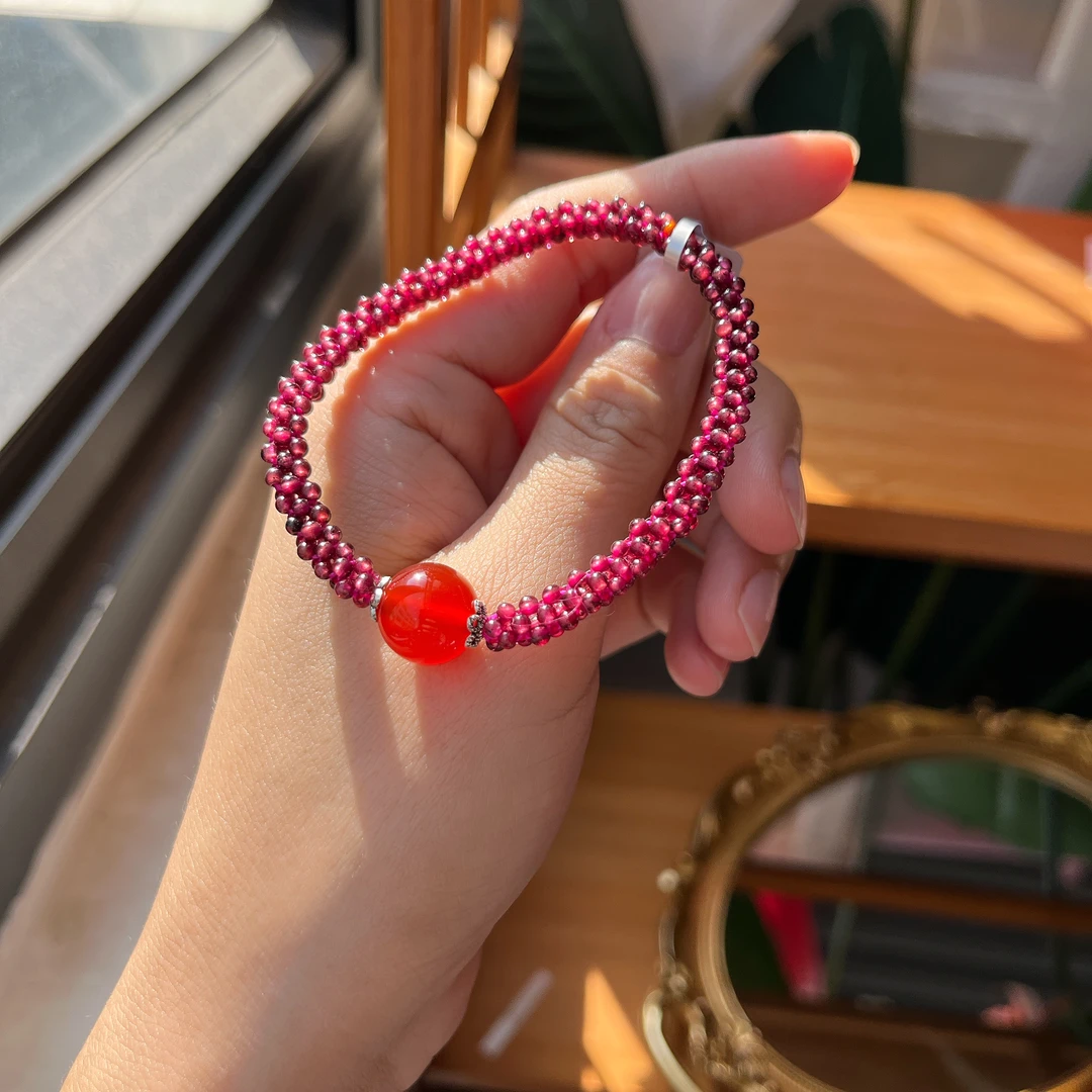 【郭老师】石榴石编织款DIY手串约（约12mm红玛瑙单珠配件）
