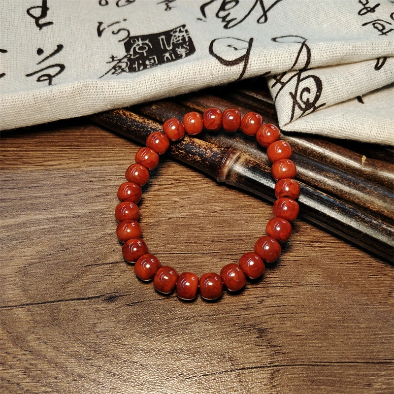 【郭老师】约8-9mm瓦西料满色满肉火焰纹牛血底南红老型珠单圈手串