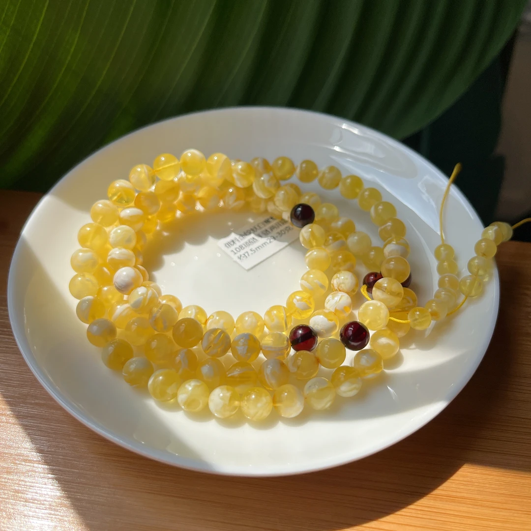 【郭老师】约7.5mm29g俄料金绞妖白蜜蜡108多圈女款