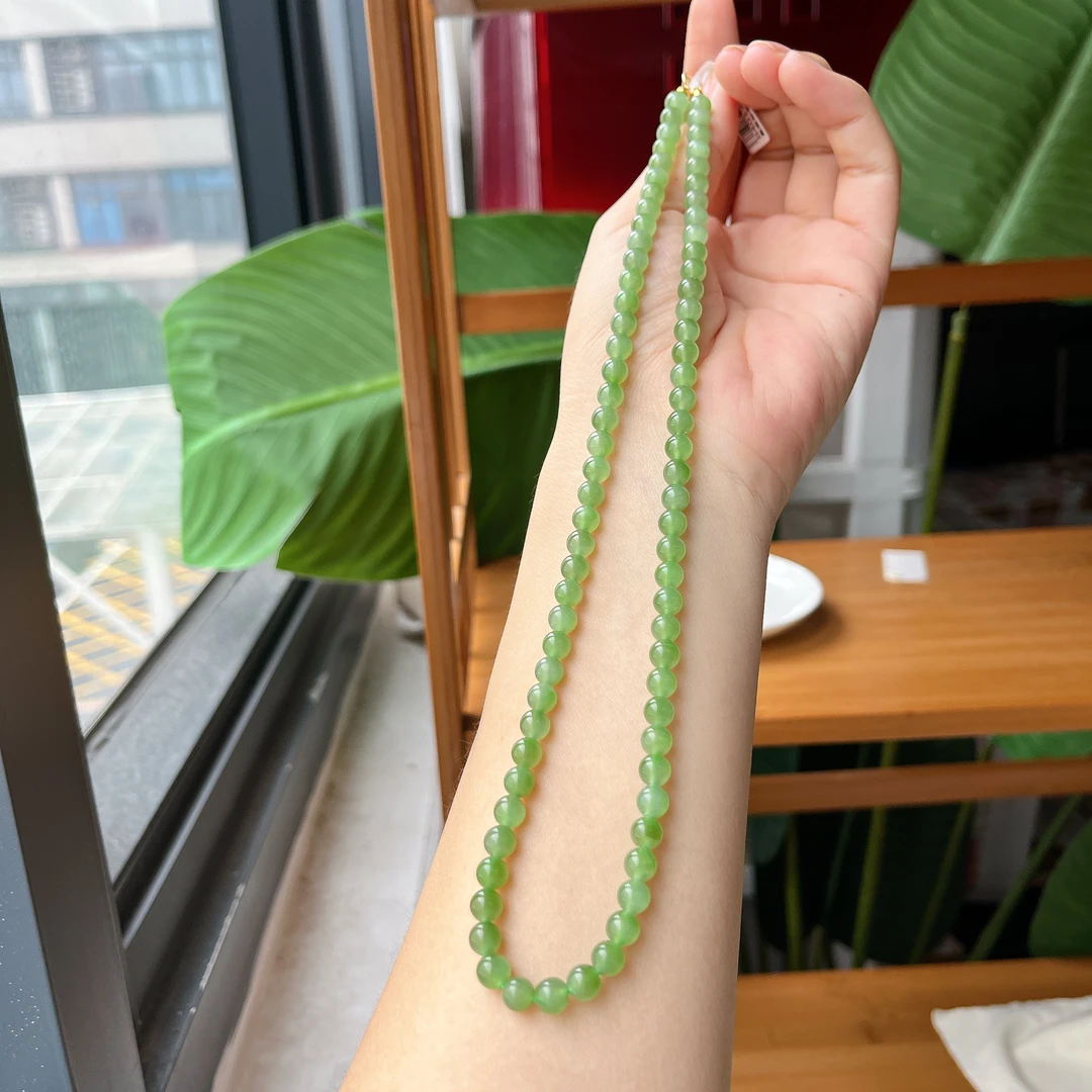【郭老师】约6mm碧玉圆珠项链(S925银镀金弹簧扣提溜款）长约46cm