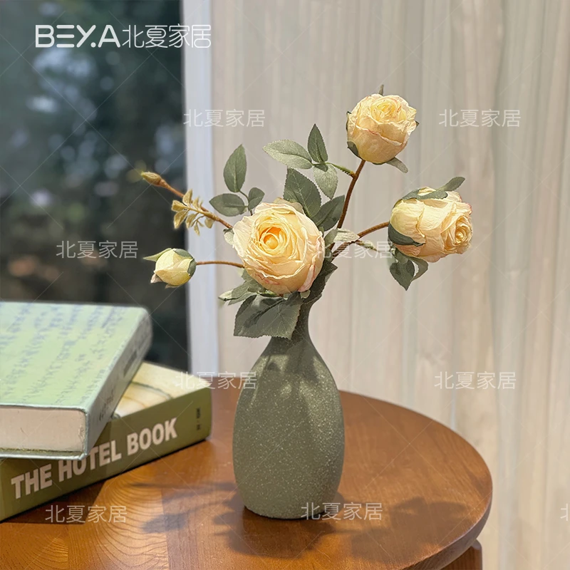 高级感复古焦边玫瑰花样年华仿真花束高档软装客厅插花摆设装饰