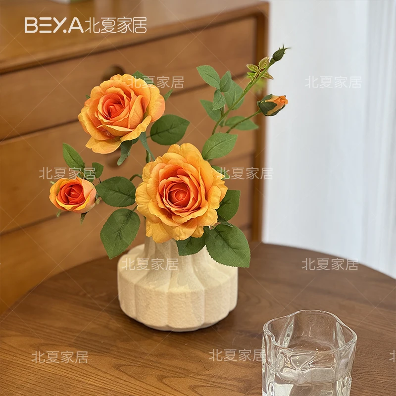 飘香玫瑰桔黄色仿真花多头仿假花家居高档房间卧室室内