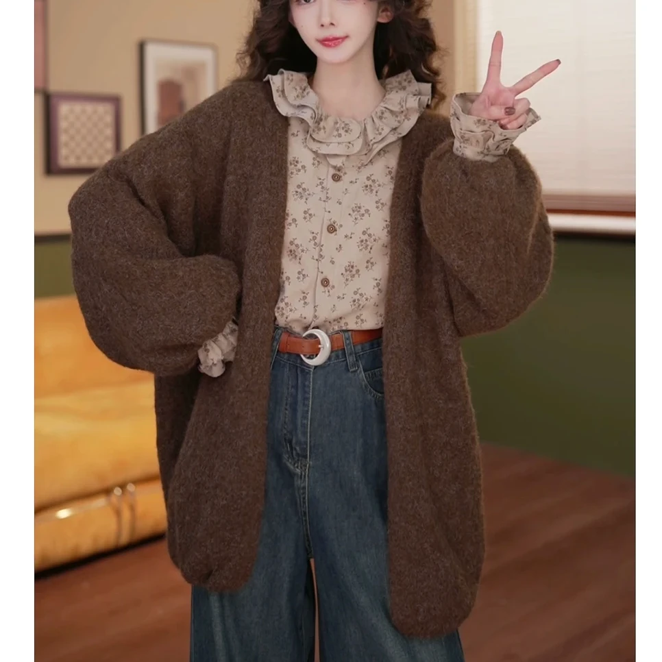 2024新款绵羊毛慵懒风秋冬新款毛衣外套宽松加厚毛绒感针织开衫女